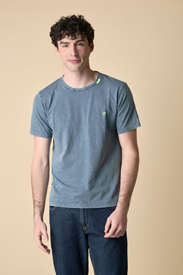T-Shirt tinto capo marmorizzato Blu con Ricami a Contrasto
