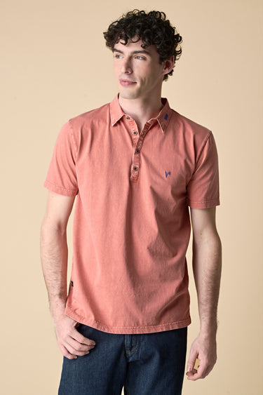 Red marbled garment-dyed polo shirt with contrasting embroidery