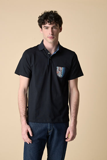 Blue Polo with embroidered V2 fabric pocket