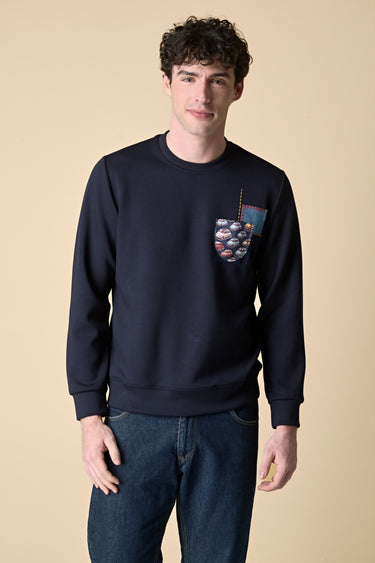 Blue Crewneck Sweatshirt with Pocket and Fabric Patch V2