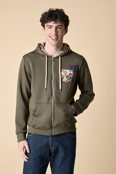 Felpa cappuccio e zip Verde Militare con Taschino e Patch in tessuto V2