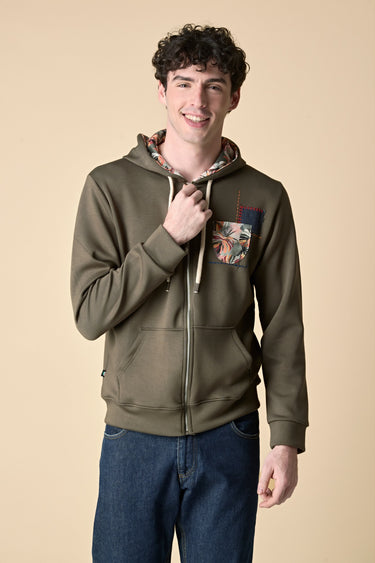 Felpa cappuccio e zip Verde Militare con Taschino e Patch in tessuto V2