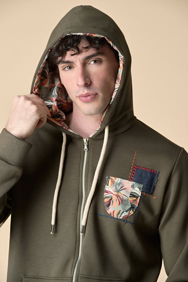 Felpa cappuccio e zip Verde Militare con Taschino e Patch in tessuto V2