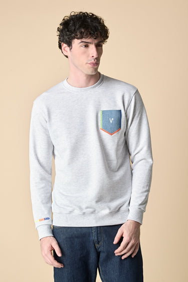 Grey Crewneck Sweatshirt with Denim Pocket and Fluorescent Embroidery