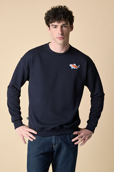 Japan Blue Sweatshirt with Carp Embroidery and Patch Print on the Back