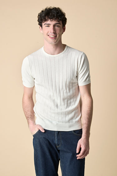 T-Shirt in maglieria puro cotone gessata Panna