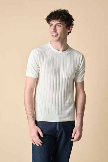 T-Shirt in maglieria puro cotone gessata Panna