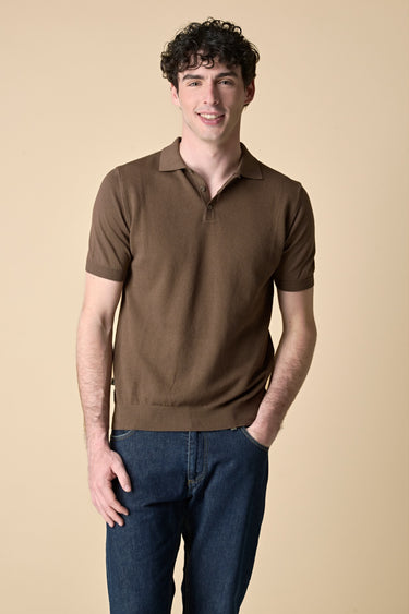 Pure cotton knitted polo shirt in brown rice stitch