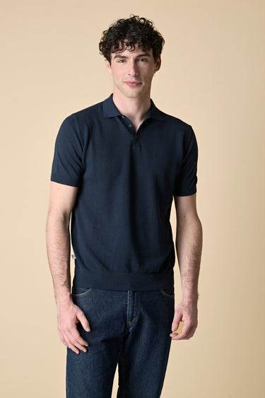 Pure Cotton Knit Polo Shirt in Blue Rice Stitch
