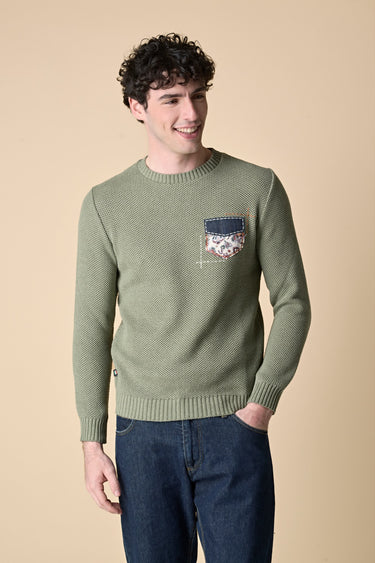 Maglioncino Occhio di Pernice Pesto con taschino ricamato in tessuto V2