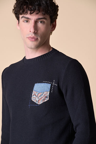 Maglioncino Occhio di Pernice Blu con taschino ricamato in tessuto V2