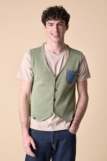 Pesto Premium Single-Breasted Vest with Embroidered Pocket and V2 Fabric Back