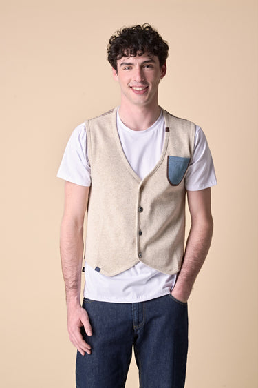 Premium Sand Single-Breasted Vest with Embroidered Pocket and V2 Fabric Back
