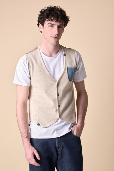 Premium Sand Single-Breasted Vest with Embroidered Pocket and V2 Fabric Back