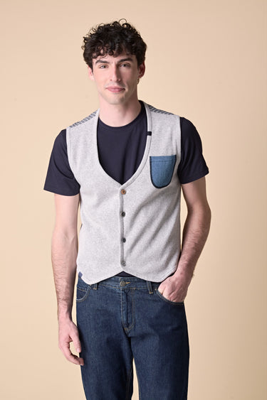 Premium Pearl Grey Single Breasted Vest with Embroidered Pocket and V2 Fabric Back