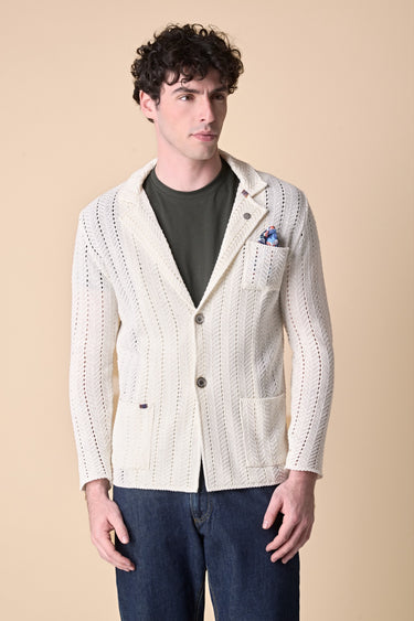 Giacca Monopetto Punto Crochet Panna con pochette in tessuto V2