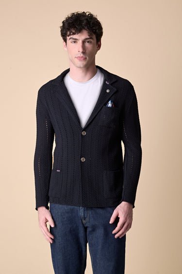 Single-breasted blue crochet stitch jacket with V2 fabric pocket square