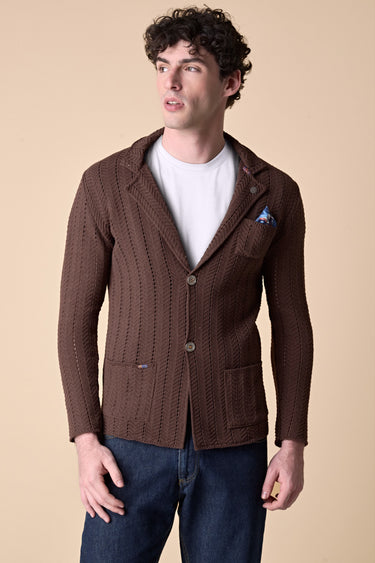Single-breasted Crochet Stitch Jacket in Dark Brown with V2 Fabric Pocket Square