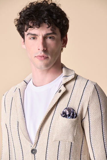 Sand striped single-breasted jacket with V2 fabric pocket square