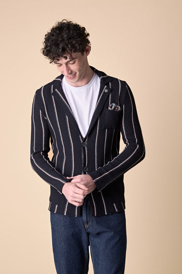 Giacca Monopetto rigata Blu con pochette in tessuto V2