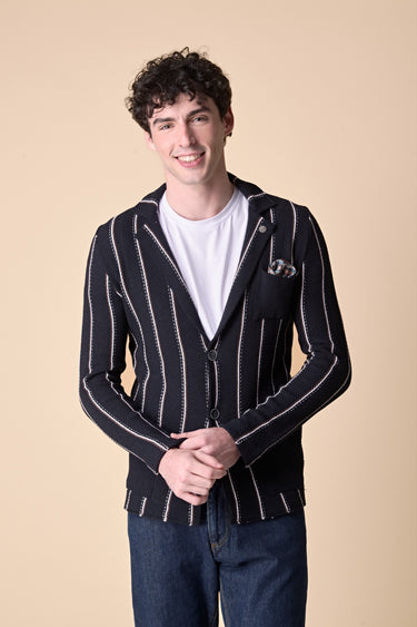 Giacca Monopetto rigata Blu con pochette in tessuto V2