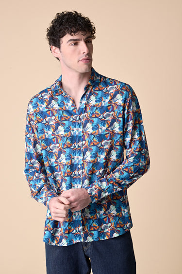 Camicia Stampa All-Over Tropical Blu