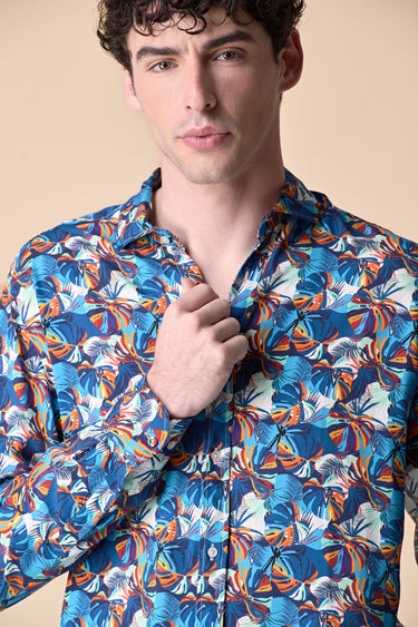 Camicia Stampa All-Over Tropical Blu