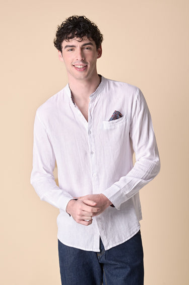 White garment-dyed linen Korean shirt with pocket square and fabric details V2