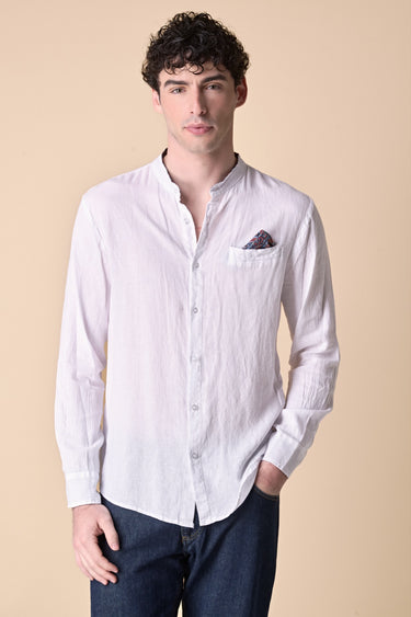 White garment-dyed linen Korean shirt with pocket square and fabric details V2
