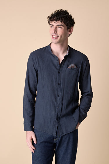 Blue garment-dyed linen Korean shirt with pocket square and fabric details V2