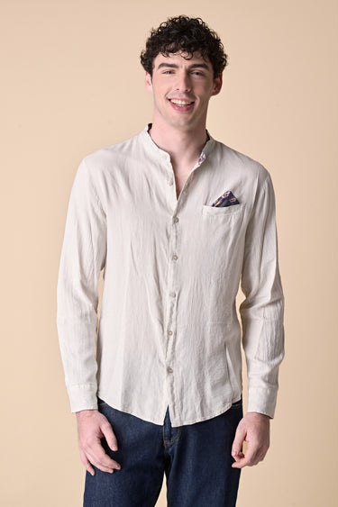 Korean shirt in garment-dyed linen in Sand with pocket square and fabric details V2