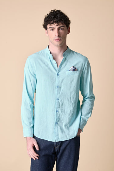 Light Blue Garment-Dyed Linen Korean Shirt with Pocket Square and Fabric Details V2