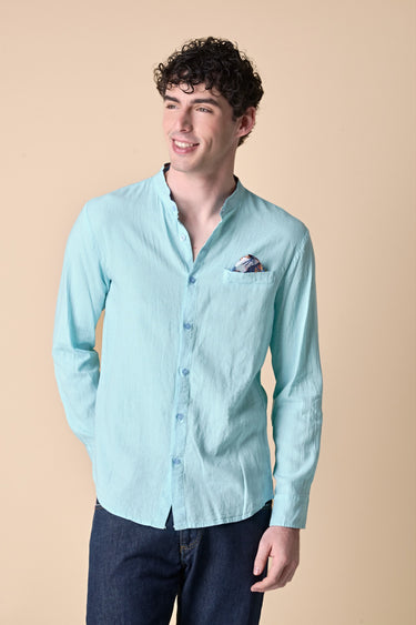 Light Blue Garment-Dyed Linen Korean Shirt with Pocket Square and Fabric Details V2