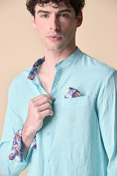 Light Blue Garment-Dyed Linen Korean Shirt with Pocket Square and Fabric Details V2
