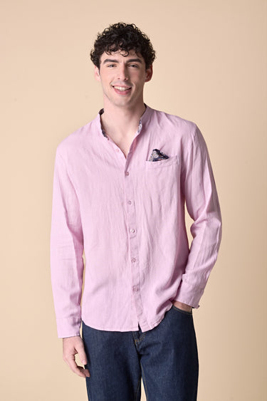 Korean-style shirt in garment-dyed linen in Powder Pink with pocket square and fabric details V2