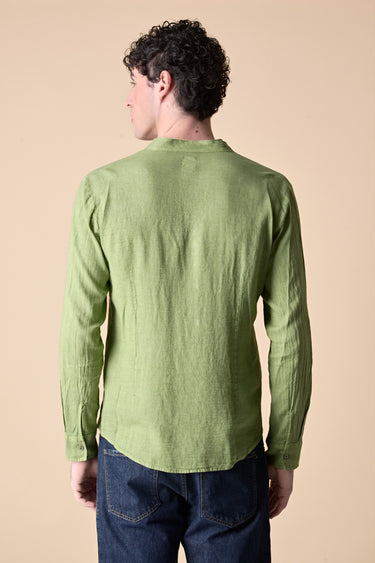 Camicia Coreana in lino tinto capo Verde con pochette e dettagli in tessuto V2