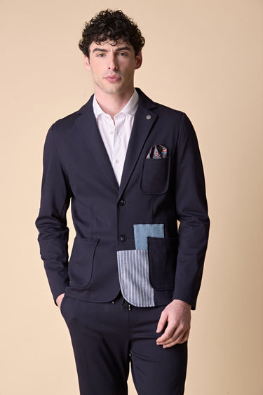 Tailored Jacket in Blue Jersey with Patchwork in V2 Fabric