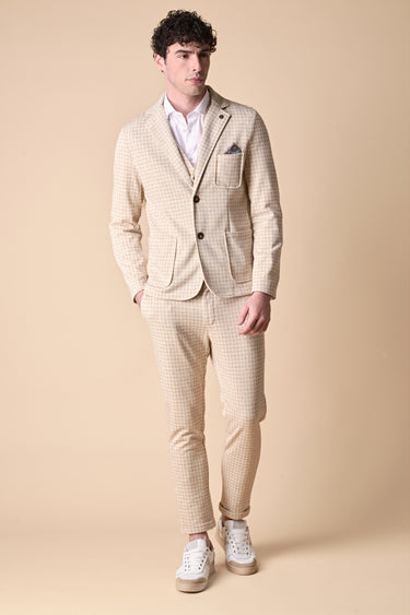 Classic Tailored Trousers in Sand Check Jersey