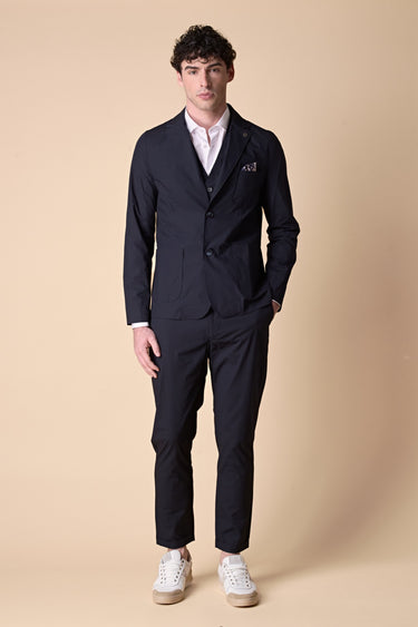 Giacca Sartoriale in tessuto tecnico Jersey Blu con interni e pochette in tessuto V2