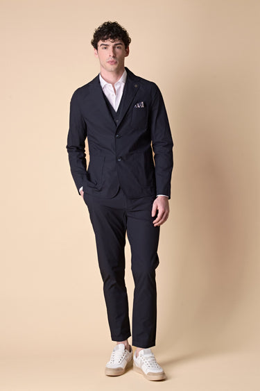 Tailored vest in blue jersey technical fabric with light blue denim details