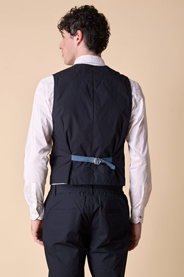 Tailored vest in blue jersey technical fabric with light blue denim details