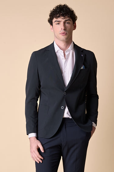Giacca Monopetto alta sartoria Blu con interni e pochette in tessuto V2