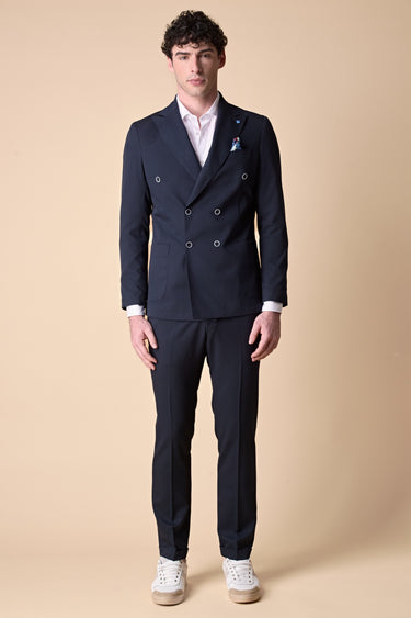 Giacca Doppiopetto alta sartoria Blu con interni e pochette in tessuto V2