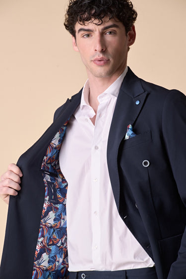 Giacca Doppiopetto alta sartoria Blu con interni e pochette in tessuto V2