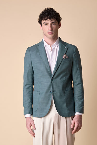 Giacca Monopetto alta sartoria Fiammata Verde con interni e pochette in tessuto V2