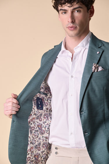 Giacca Monopetto alta sartoria Fiammata Verde con interni e pochette in tessuto V2