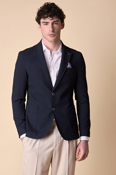 Giacca Monopetto alta sartoria 3D Blu con interni e pochette in tessuto V2