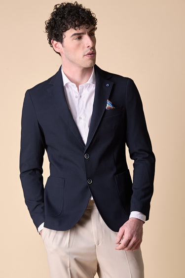 Giacca Monopetto alta sartoria 3D Blu con interni e pochette in tessuto V2