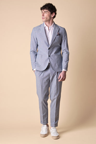 Giacca Monopetto alta sartoria Gessato Blu con interni e pochette in tessuto V2