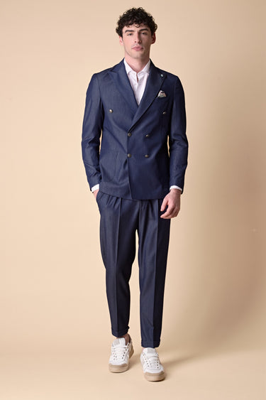 High-end double-breasted denim jacket with interior and pocket square in V2 fabric